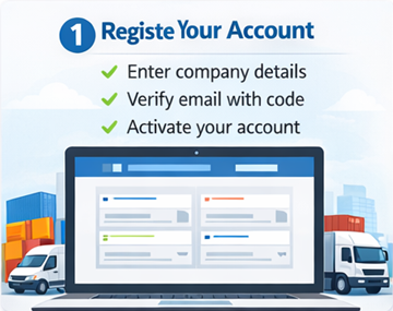 ExusTrans registreringsformulär för transportörer med företagsuppgifter, momsnummer och e-postaktivering